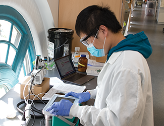 A researcher works in a lab