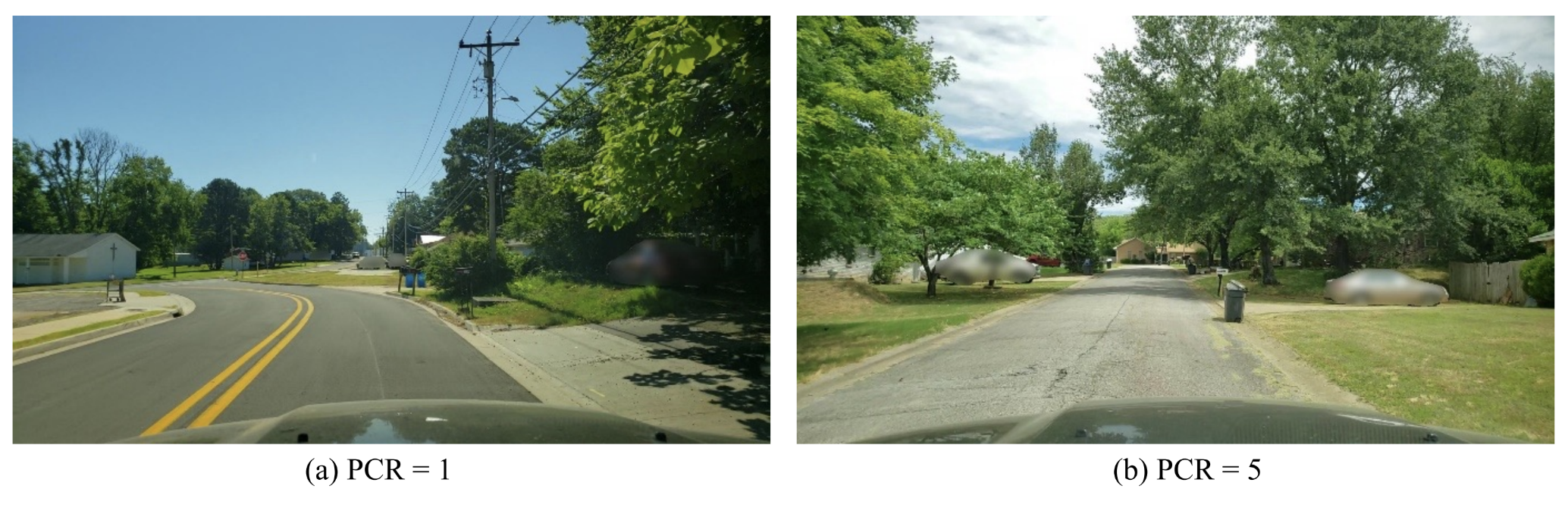 Side by side picture of two roads, one with a low pavement condition rating and one with a high rating