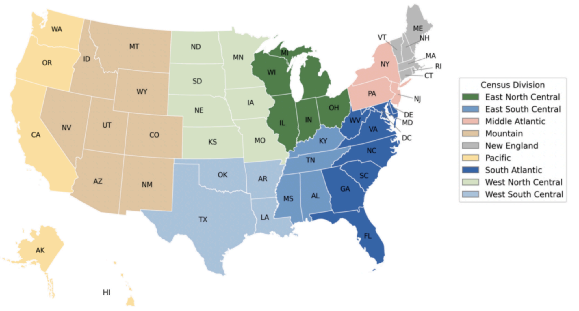 Map of U.S. Census divisions, where the study examined EV owner characteristics 